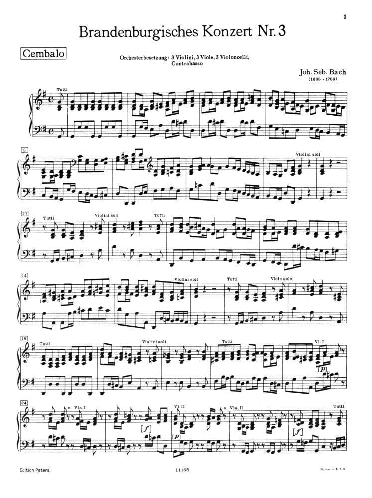 Bach, JS - Brandenburg Concerto No 3 BWV 1048 for Piano - Peters Edition