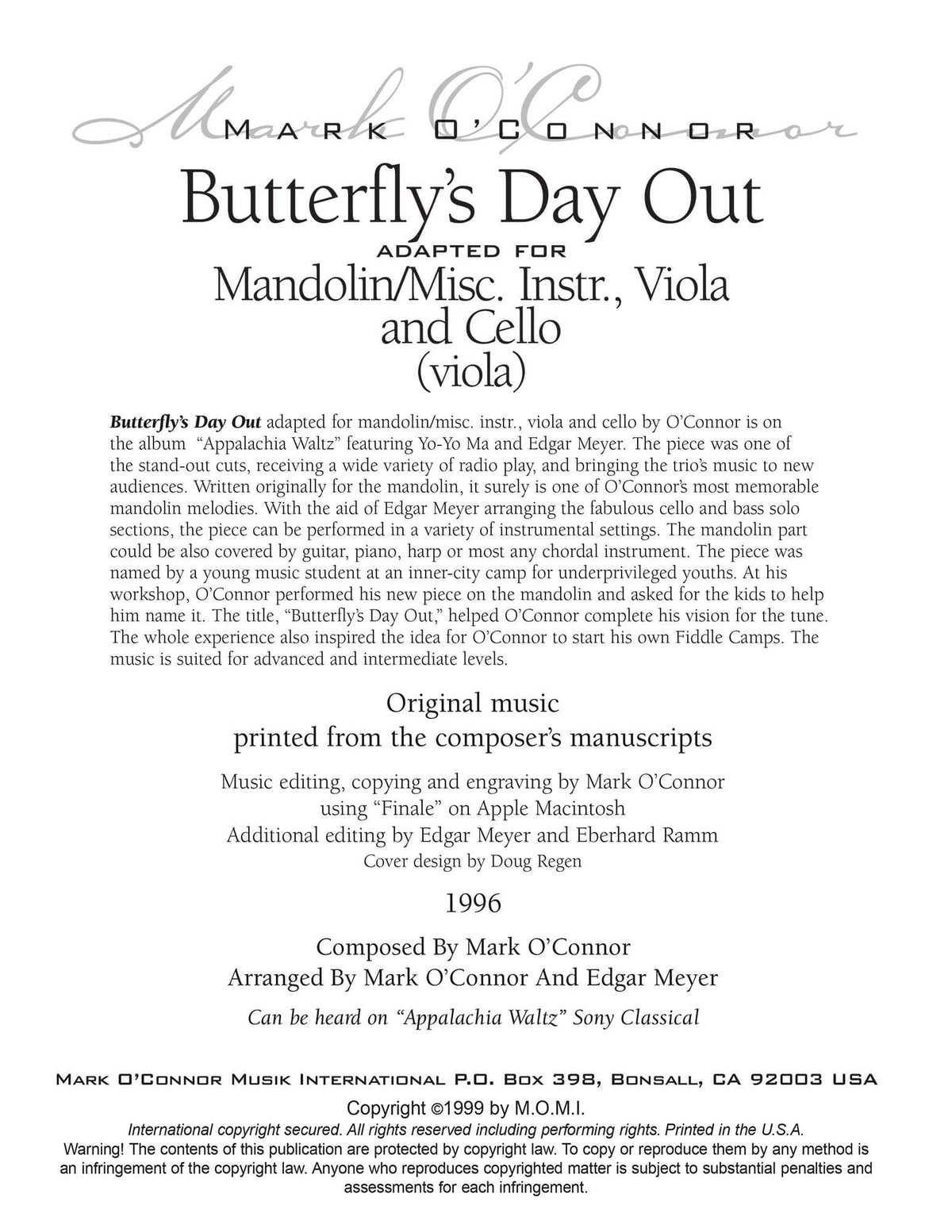 O'Connor, Mark - Butterfly's Day Out for Mandolin, Viola, Cello - Viola - Digital Download