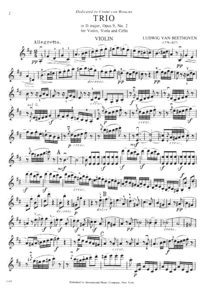 Beethoven, Ludwig - Trio In D Major Op 9 No 2 for Violin, Viola and Cello - International Edition