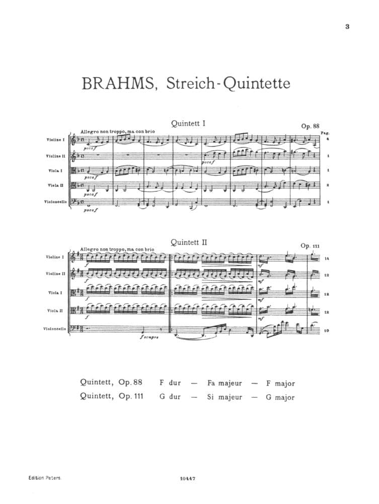 Brahms, Johannes - Quintet No 1 In F Major Op 88 for Two Violins, Two Violas and Cello - Arranged by the Gewandhaus Quartet - Peters Edition