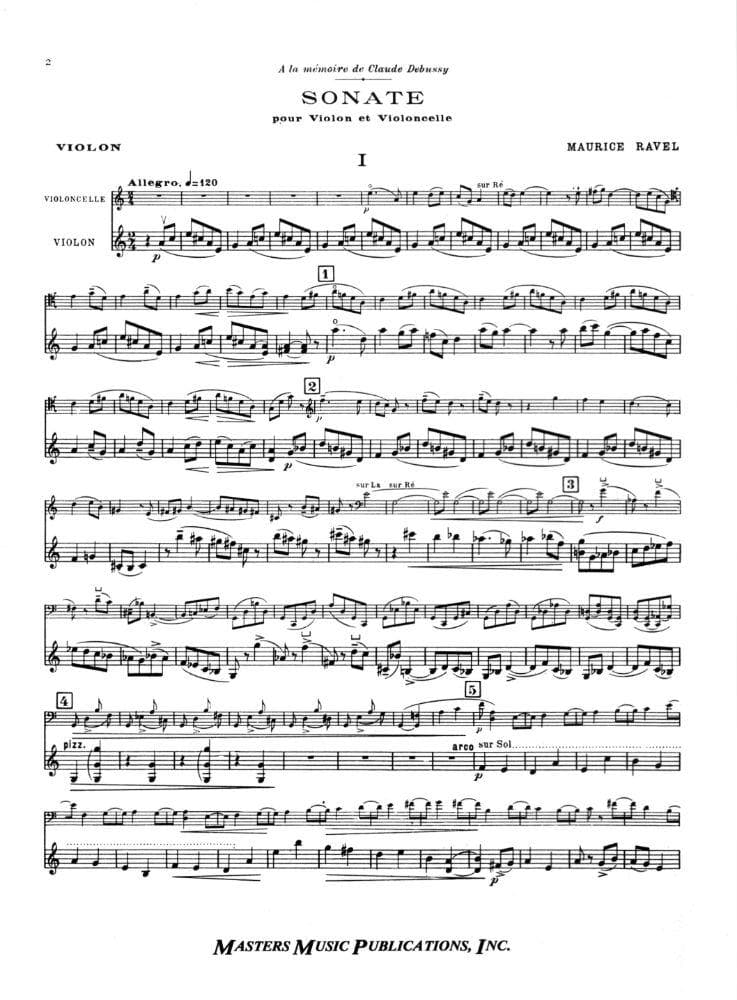 Ravel, Maurice - Sonata ( 1920 - 1922 ) for Violin and Cello  Published by Masters Music Publications Inc