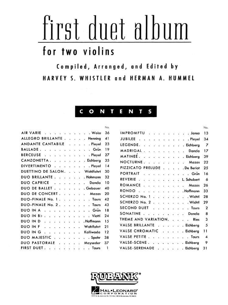 Whistler/Hummel - First Duet Album For Two Violins Published by Rubank Publications