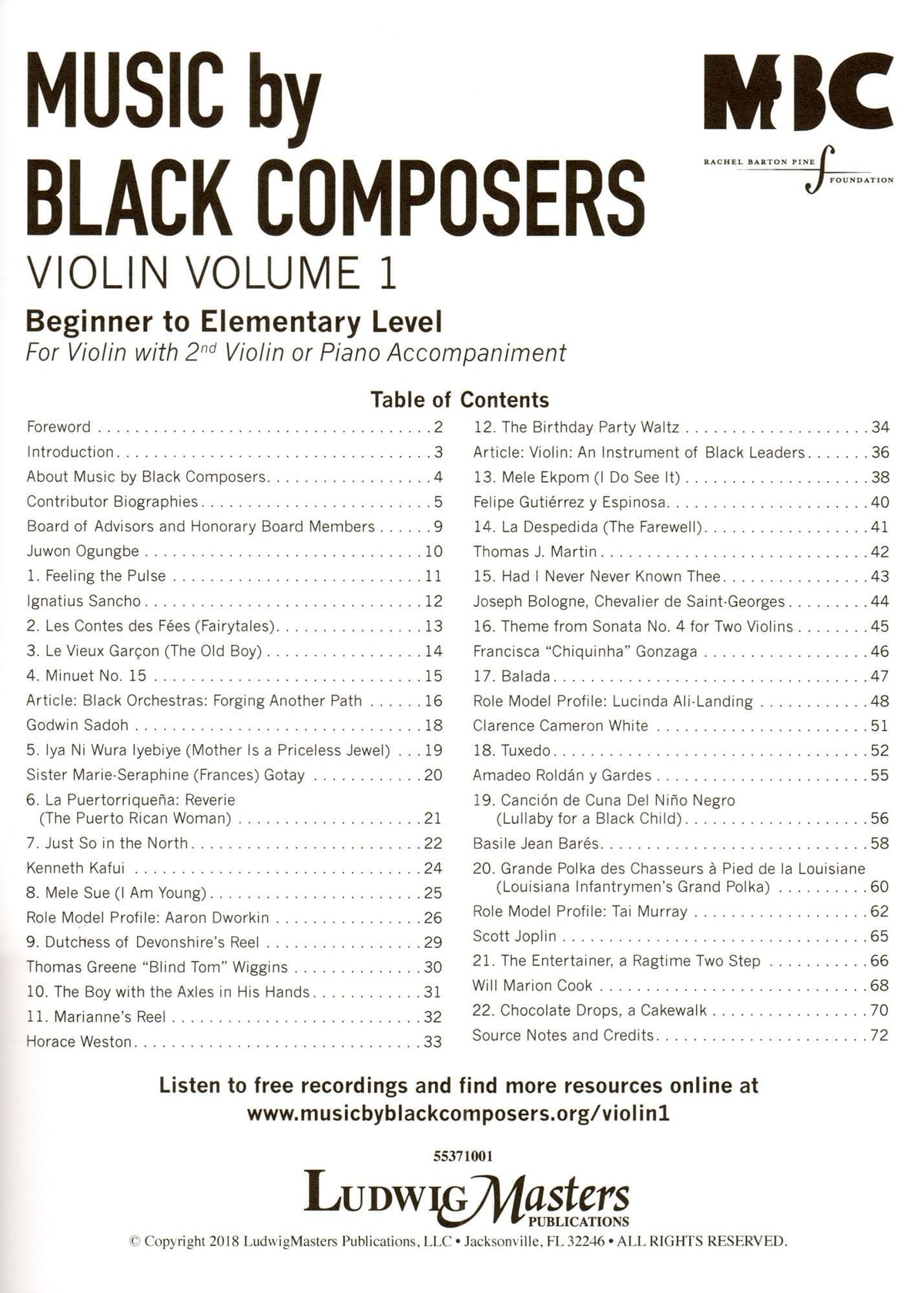 Music By Black Composers: Violin Volume 1 - Arranged by Rachel Barton Pine