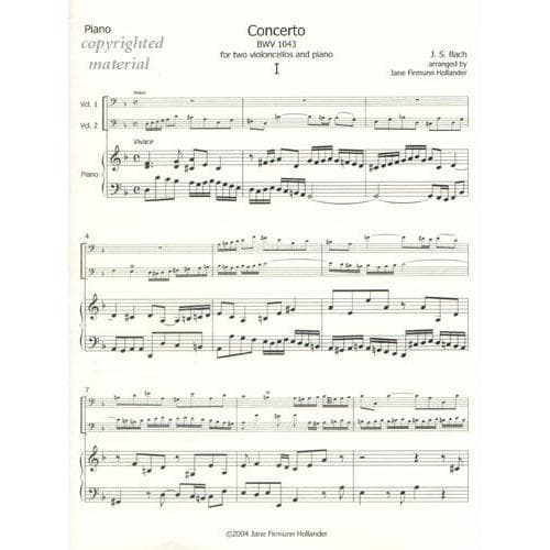 Bach, JS - Double Concerto in d minor, BWV 1043 - Two Cellos and Piano - arranged by Jane Firmunn Hollander - The Elegant Cello Edition
