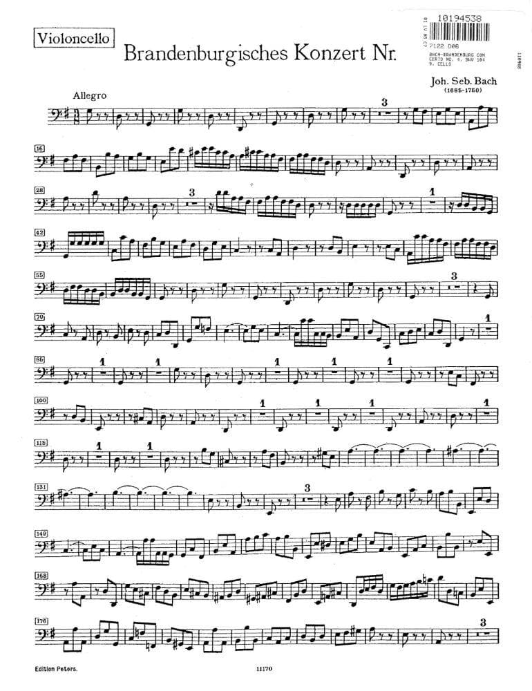 Bach, J.S. - Brandenburg Concerto No. 4, BWV 1049 - Cello Part - Peters Edition