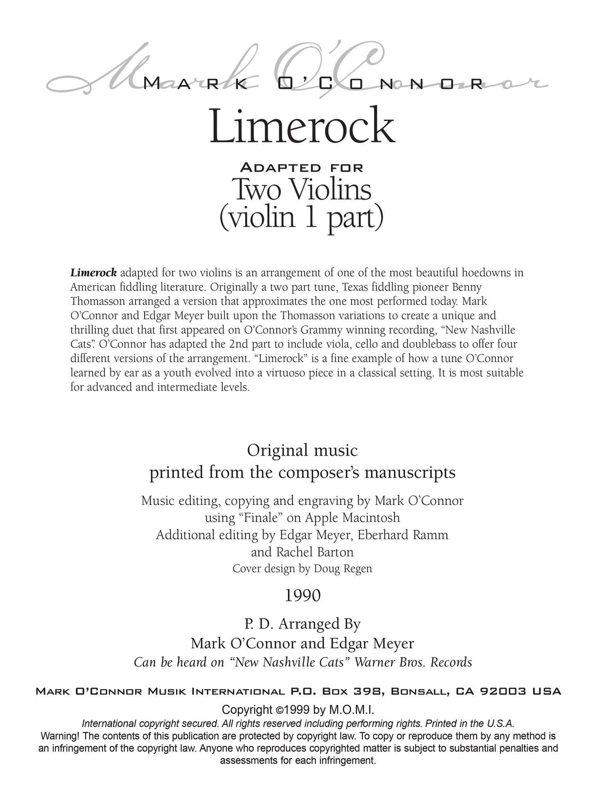 O'Connor, Mark - Limerock for 2 Violins - Violin 1 - Digital Download