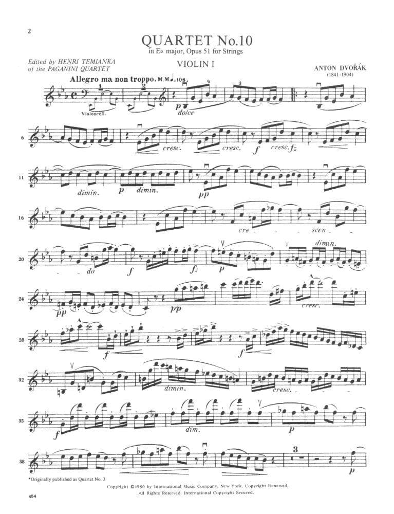 Dvorák, Antonín - Quartet No10 In E-Flat Major, Op 51 - Two Violins, Viola, and Cello - edited by the Paganini Quartet - International Edition