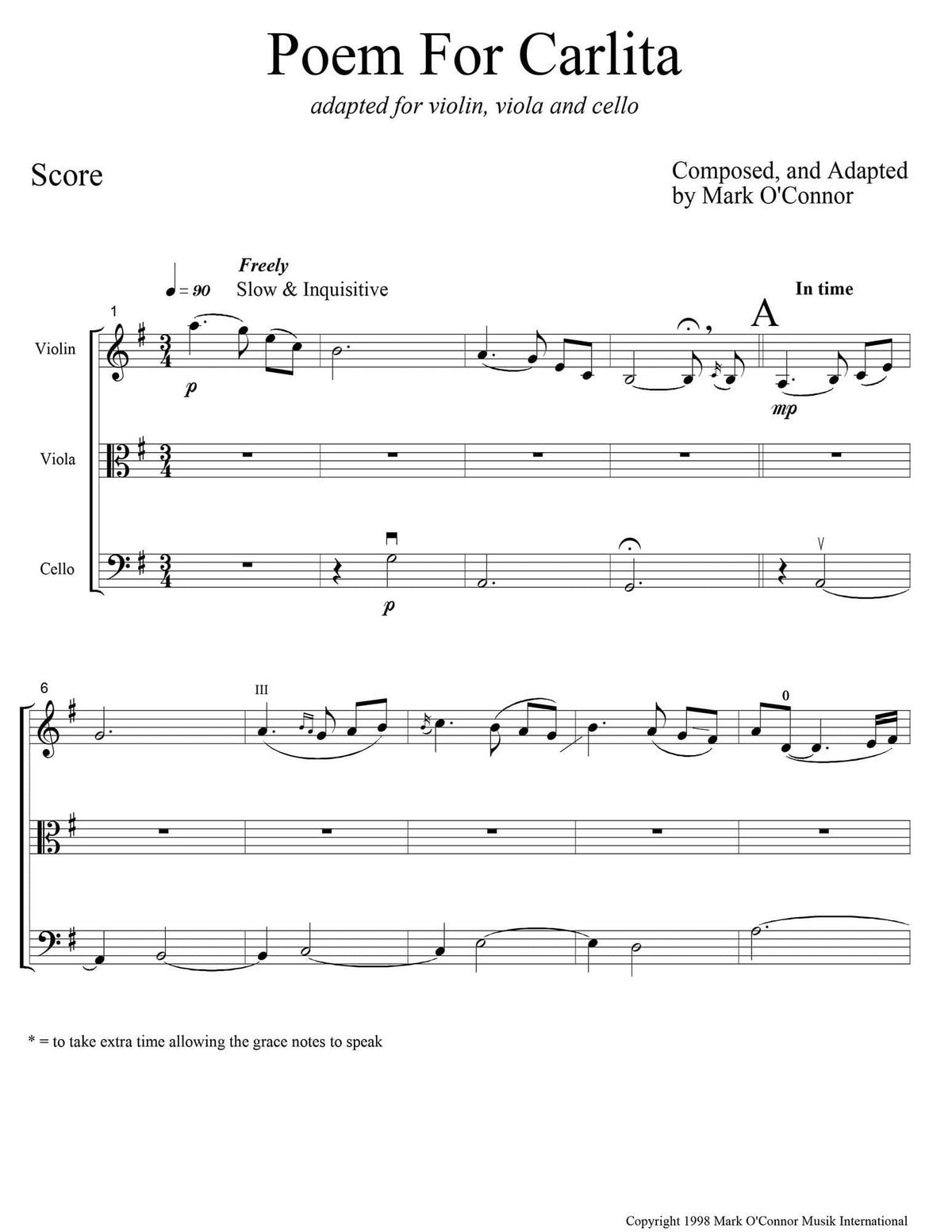 O'Connor, Mark - Poem for Carlita for Violin, Viola, and Cello - Score - Digital Download