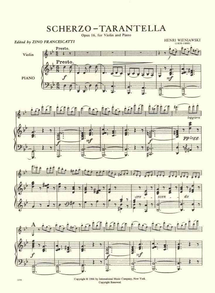 Wieniawski, Henryk - Scherzo-Tarantella, Op 16 - for Violin and Piano - edited by Francescatti - International Music Company