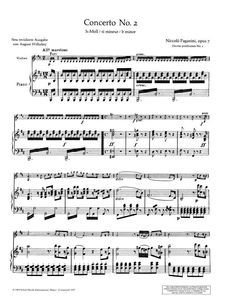 Paganini, Niccolo - Concerto No 2 in b minor, Op 7 - for Violin and Piano - edited by August Wilhelmj - Schott Edition
