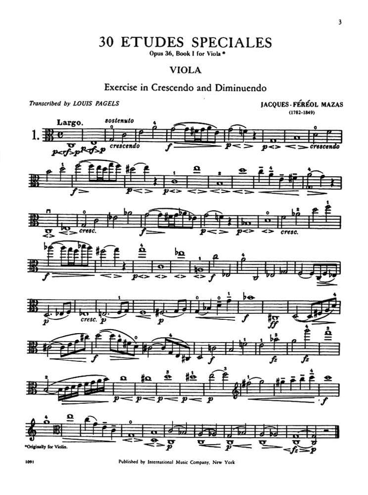 Mazas, Jacques Féréol - 30 Etudes Spéciales, Op 36, Book 1 - Viola solo - edited by Louis Pagels - International Music Co