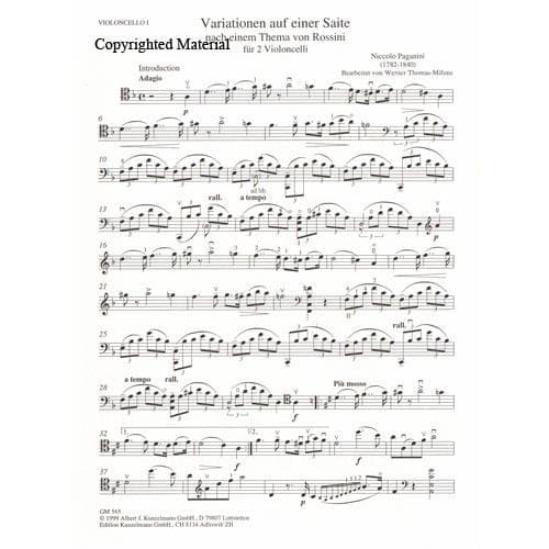 Paganini, Niccolò - Variations on One String, After a Theme by Rossini ("Moses") - Two Cellos - arranged by Werner Thomas-Mifune - Edition Kunzelmann