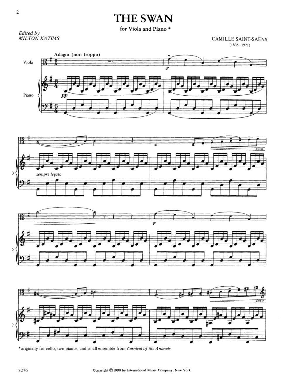 Saint-Saens, Camille - The Swan(from Carnival of the Animals) For Viola and Piano Edited by Milton Katims Published by International Music Company