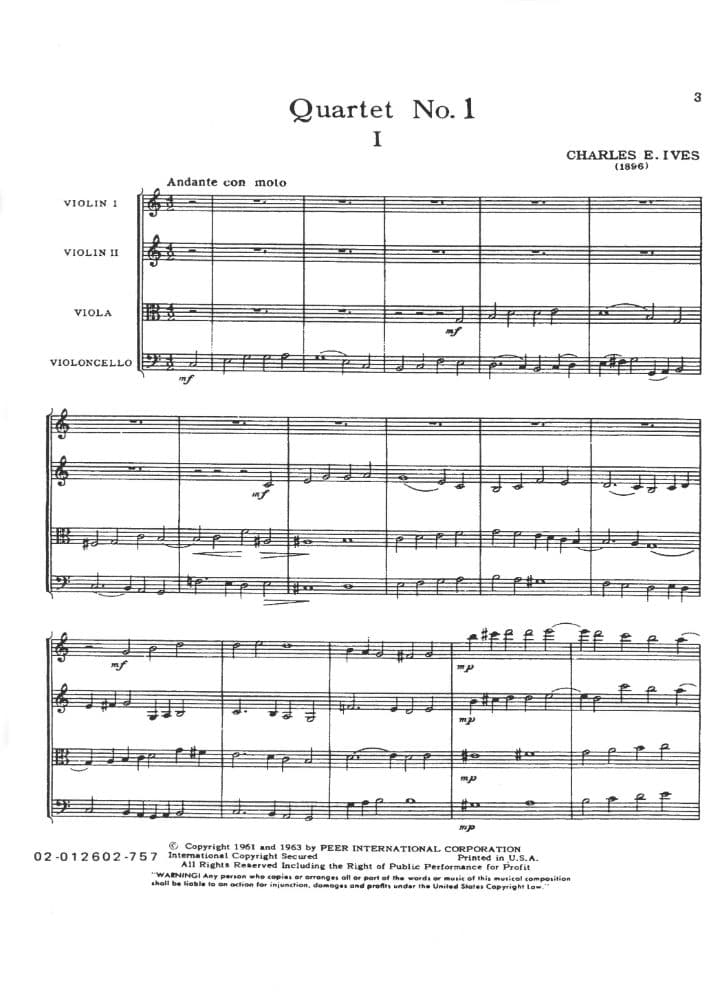 Ives, Charles -String Quartet No 1 (1896) - SCORE ONLY - Peer International Edition