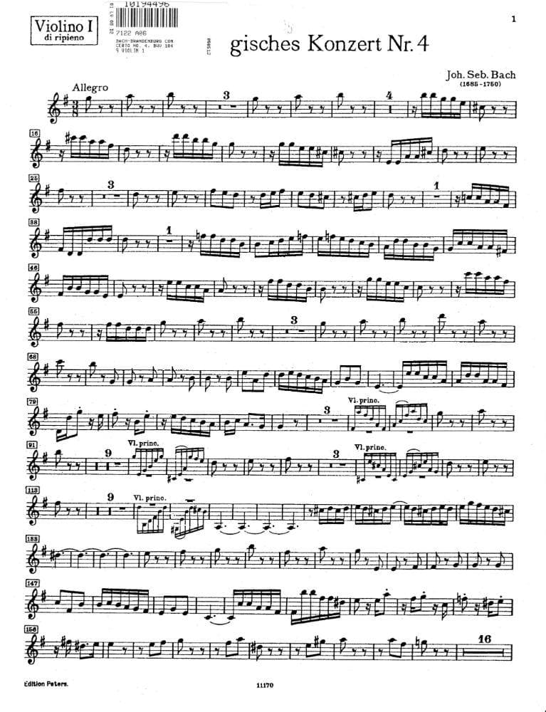 Bach, J.S. - Brandenburg Concerto No. 4, BWV 1049 - Violin 1 Part - Peters Edition