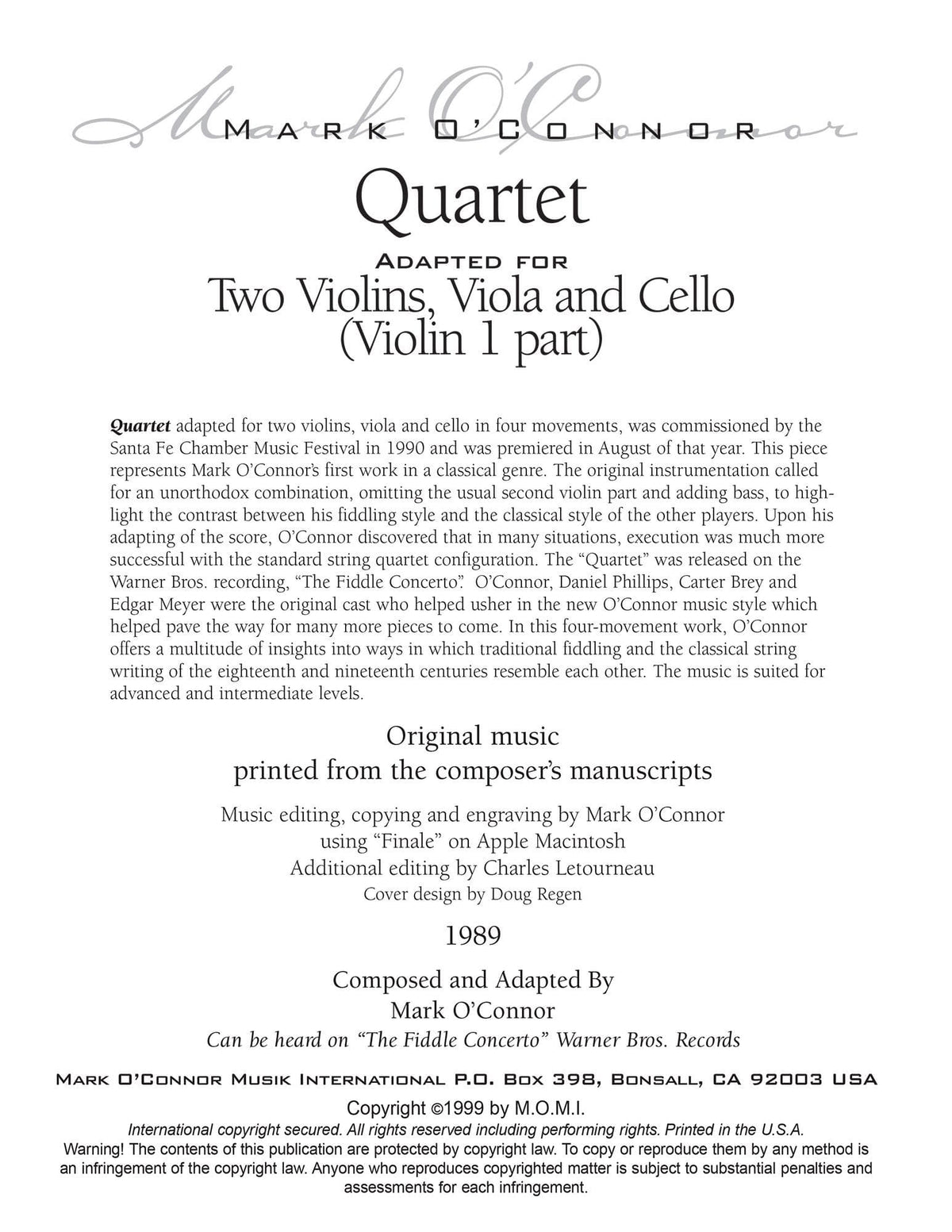 O'Connor, Mark - Quartet for 2 Violins, Viola, and Cello - Violin 1 - Digital Download
