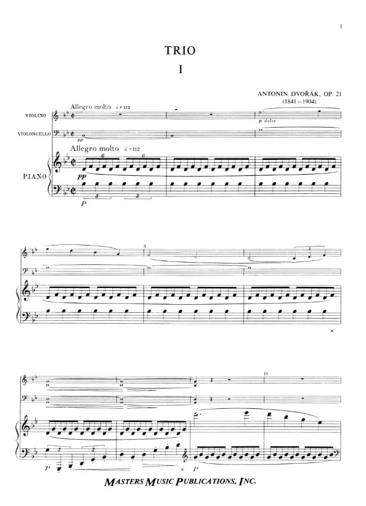 Dvorák, Antonín - Piano Trio in B-flat Major, Op 21 - Violin, Cello, and Piano - Masters Music Publications