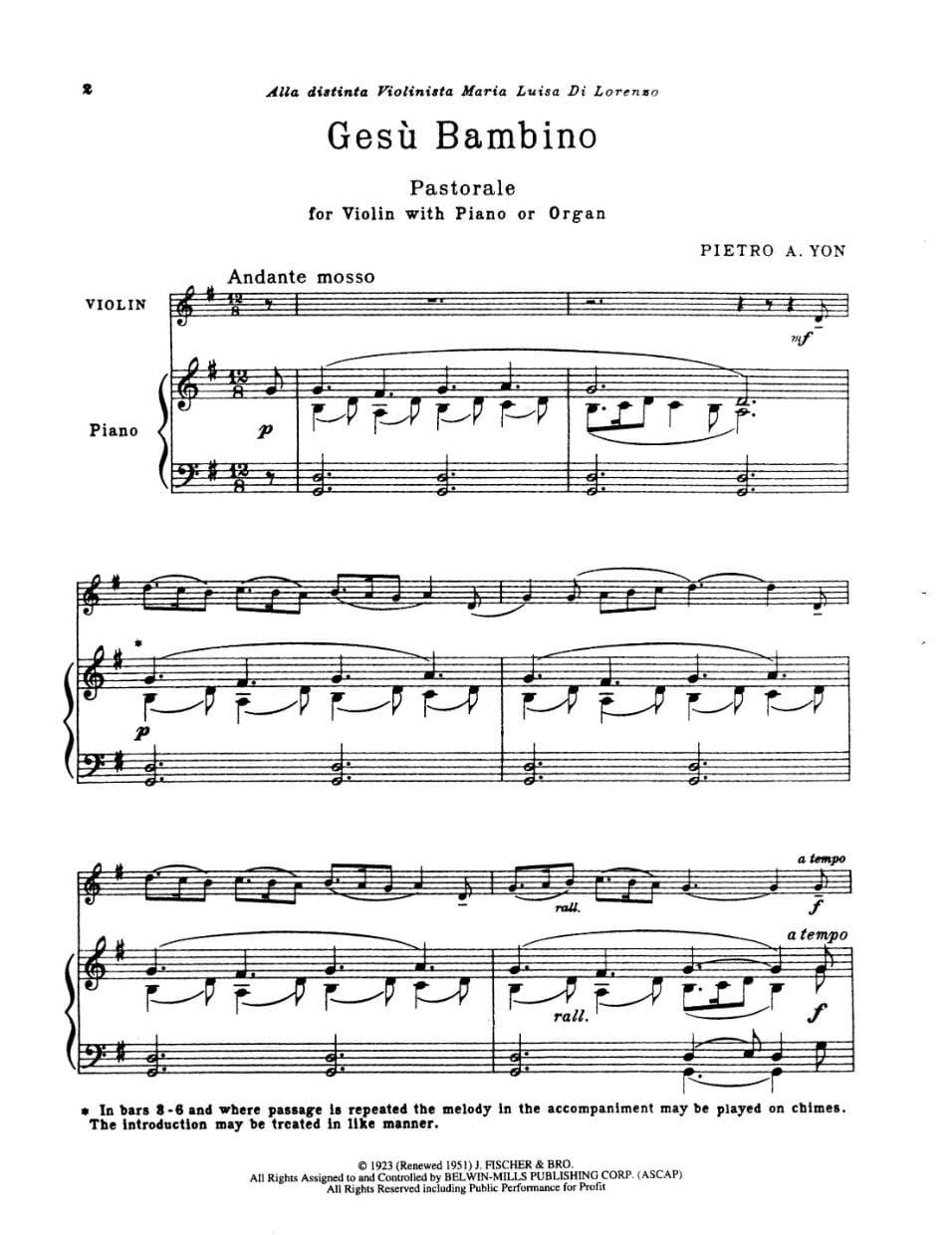 Yon, Pietro - Gesu Bambino (Pastorale) - Violin and Piano (or Organ) - Alfred Music Publishing