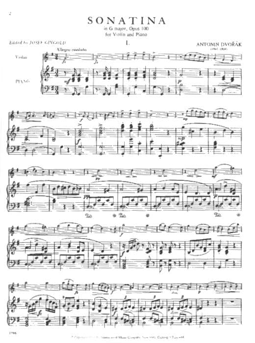 Dvorák, Antonín - Sonatina in G Major, Op 100 - Violin and Piano - edited by Josef Gingold - International Music Company