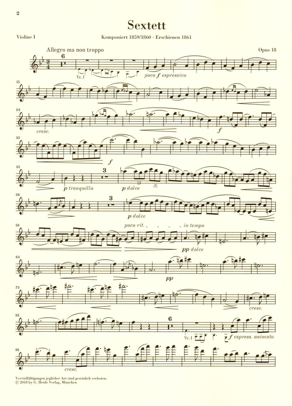 Brahms, Johannes - String Sextet No. 1 in B-flat Major, Op. 18 - URTEXT Published by G Henle Verlag