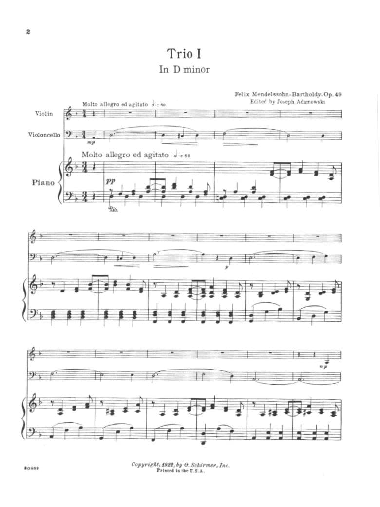 Mendelssohn, Felix - Piano Trio No 1 in d minor, Op 49 - Violin, Cello, and Piano - edited by Joseph Adamowski - G Schirmer Edition