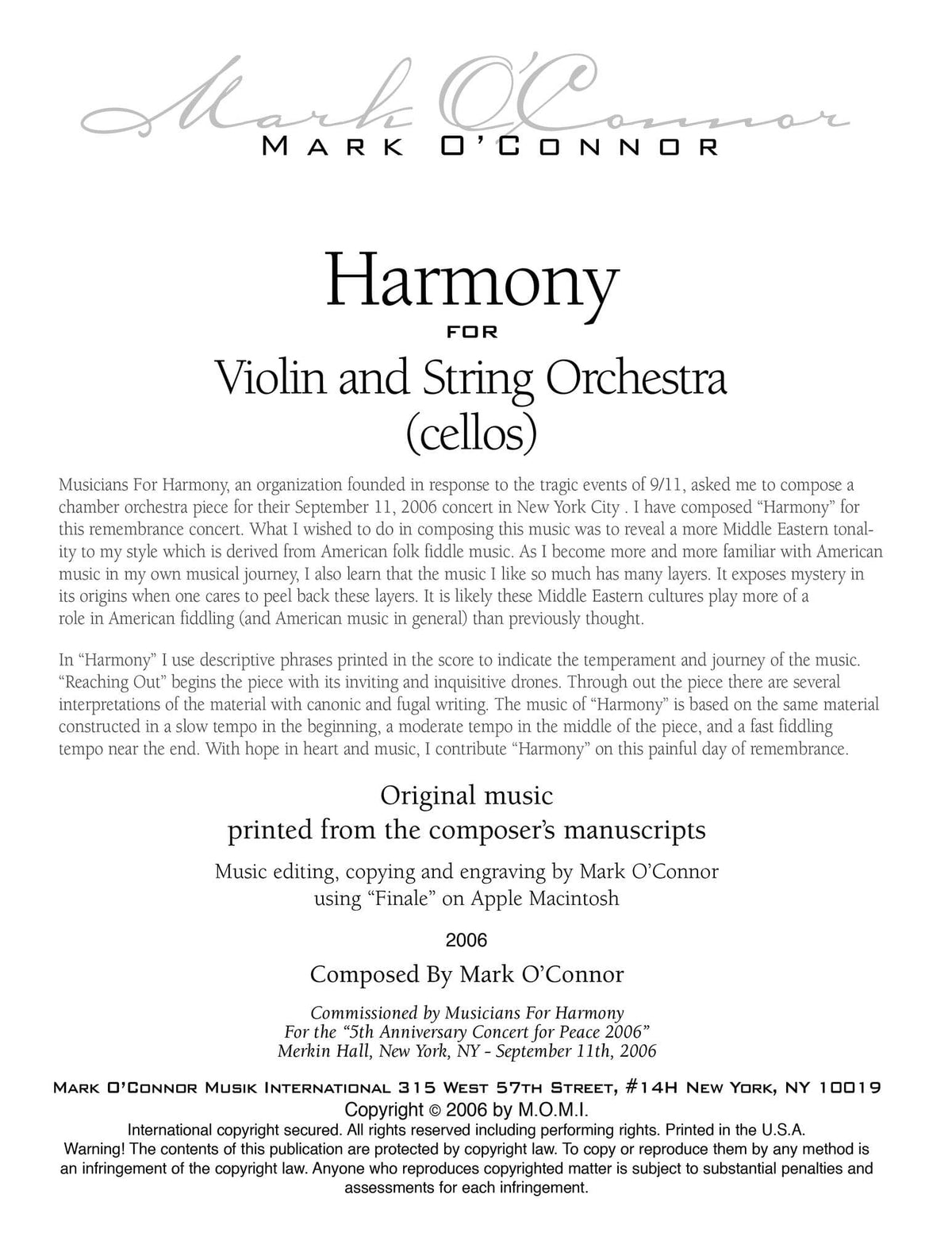 O'Connor, Mark - Harmony for Violin and Strings - Cellos - Digital Download