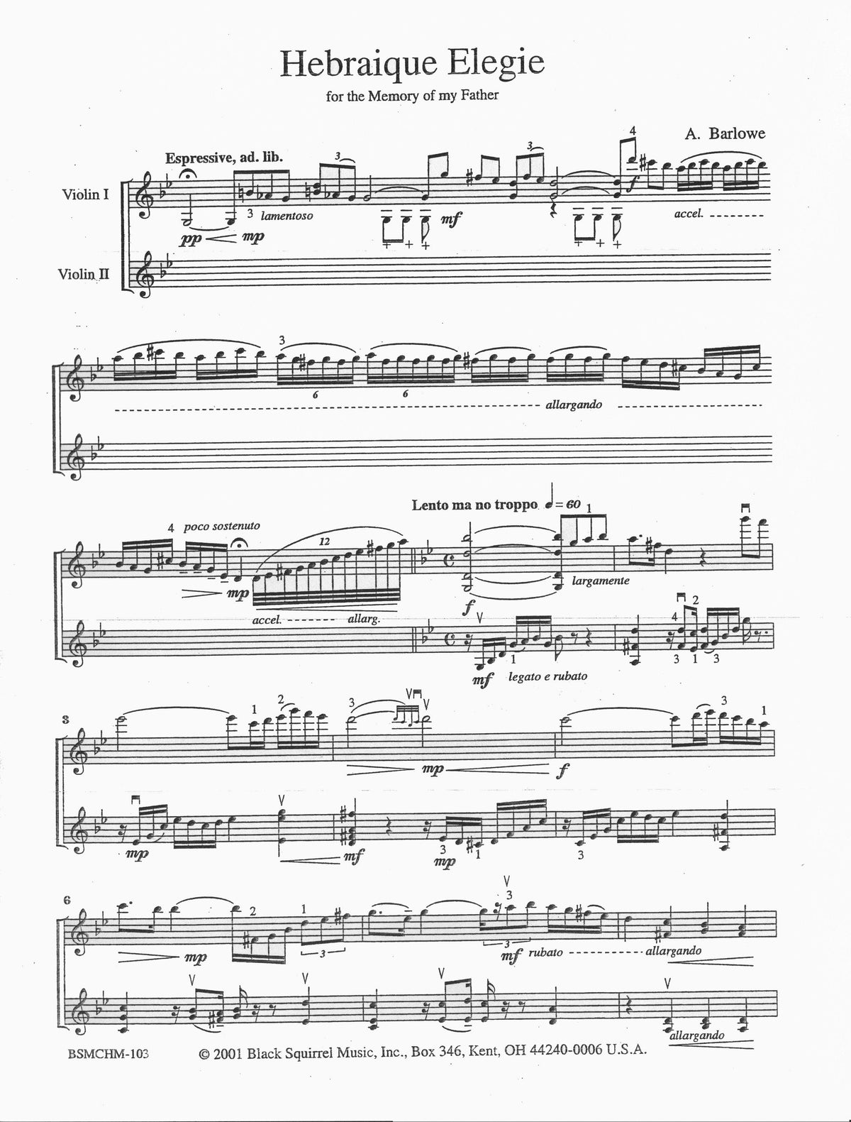 Barlowe, Amy - Hebraique Elegie for Two Violins - Black Squirrel Publication