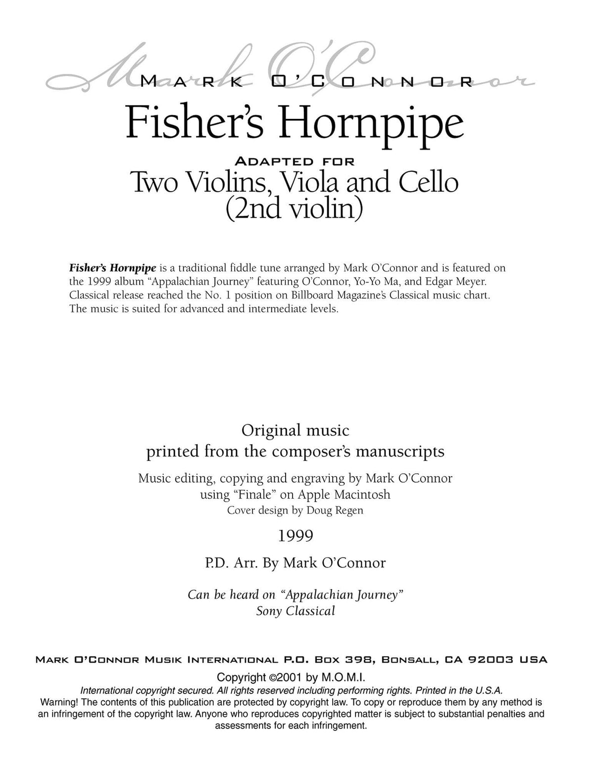 O'Connor, Mark - Fisher's Hornpipe for 2 Violins, Viola, and Cello - Violin 2 - Digital Download