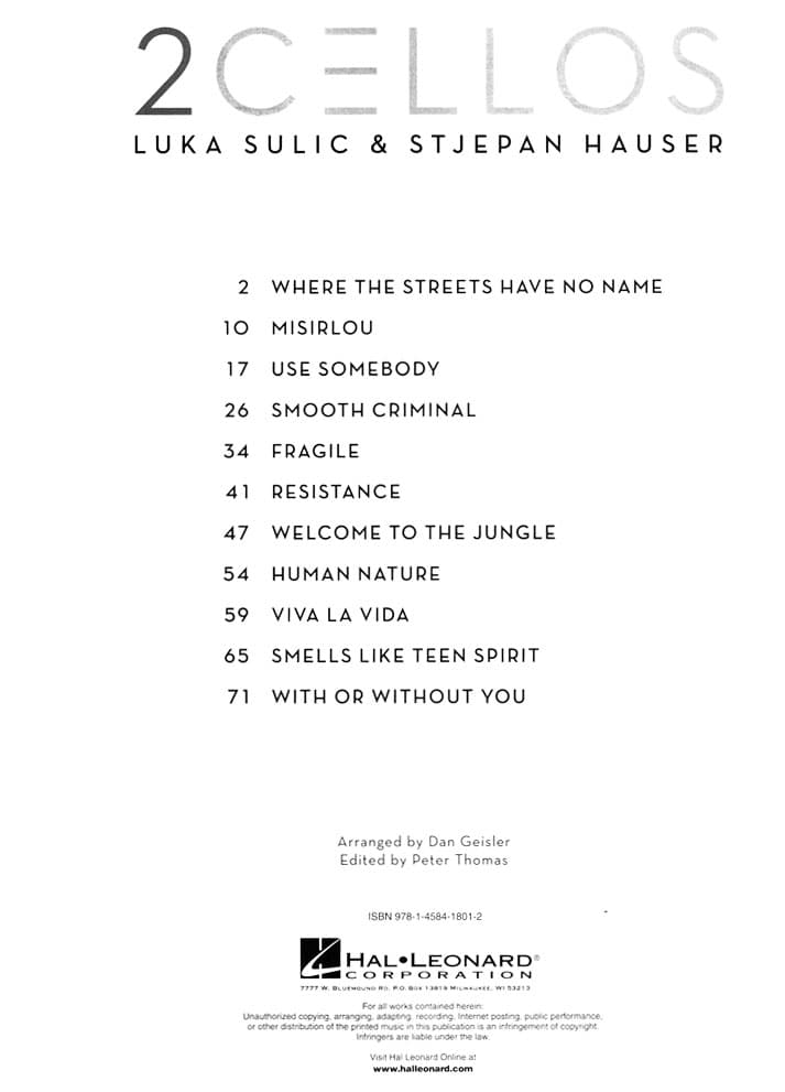 2 Cellos, Luka Sulic and Stjepan Hauser - for Two Cellos - edited by Peter Thomas - Hal Leonard