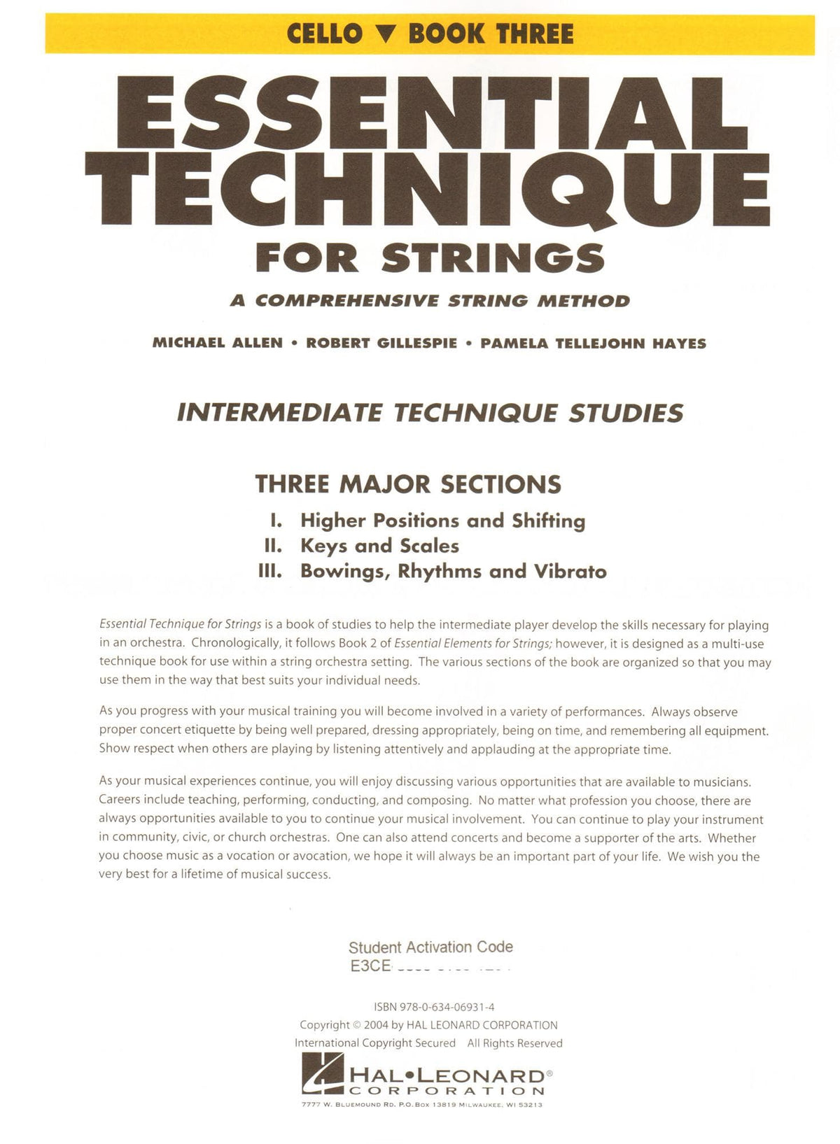 Essential Technique Interactive (formerly 2000) for Strings - Cello Book 3 - by Allen/Gillespie/Hayes - Hal Leonard Publication