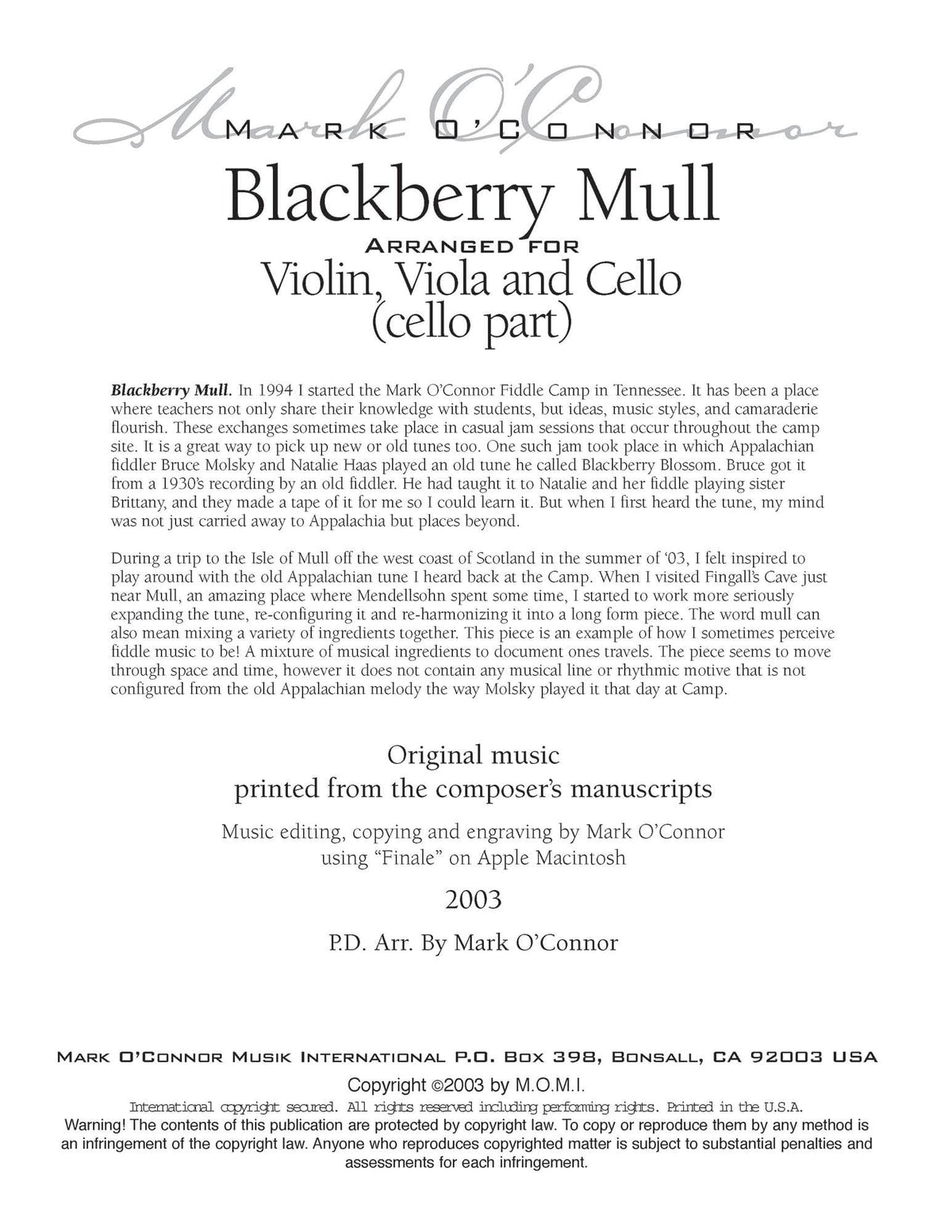 O'Connor, Mark - Blackberry Mull for Violin, Viola, and Cello - Cello - Digital Download