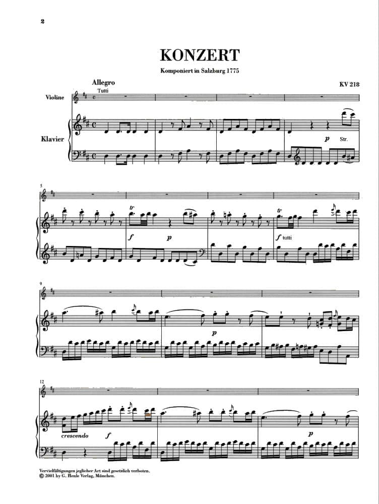Mozart, WA - Concerto No 4 in D Major, K 218 - for Violin and Piano - edited by Wolf-Dieter Seiffert and Siegfried Petrenz - G Henle Verlag URTEXT