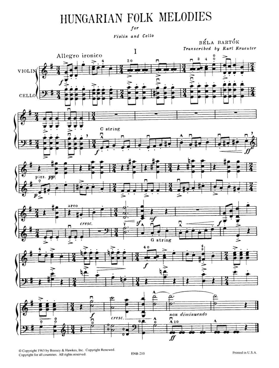 Bartok, Bela - Hungarian Folk Melodies Sz 53 for Violin and Cello - Transcribed by Kraeuter - Boosey & Hawkes Edition