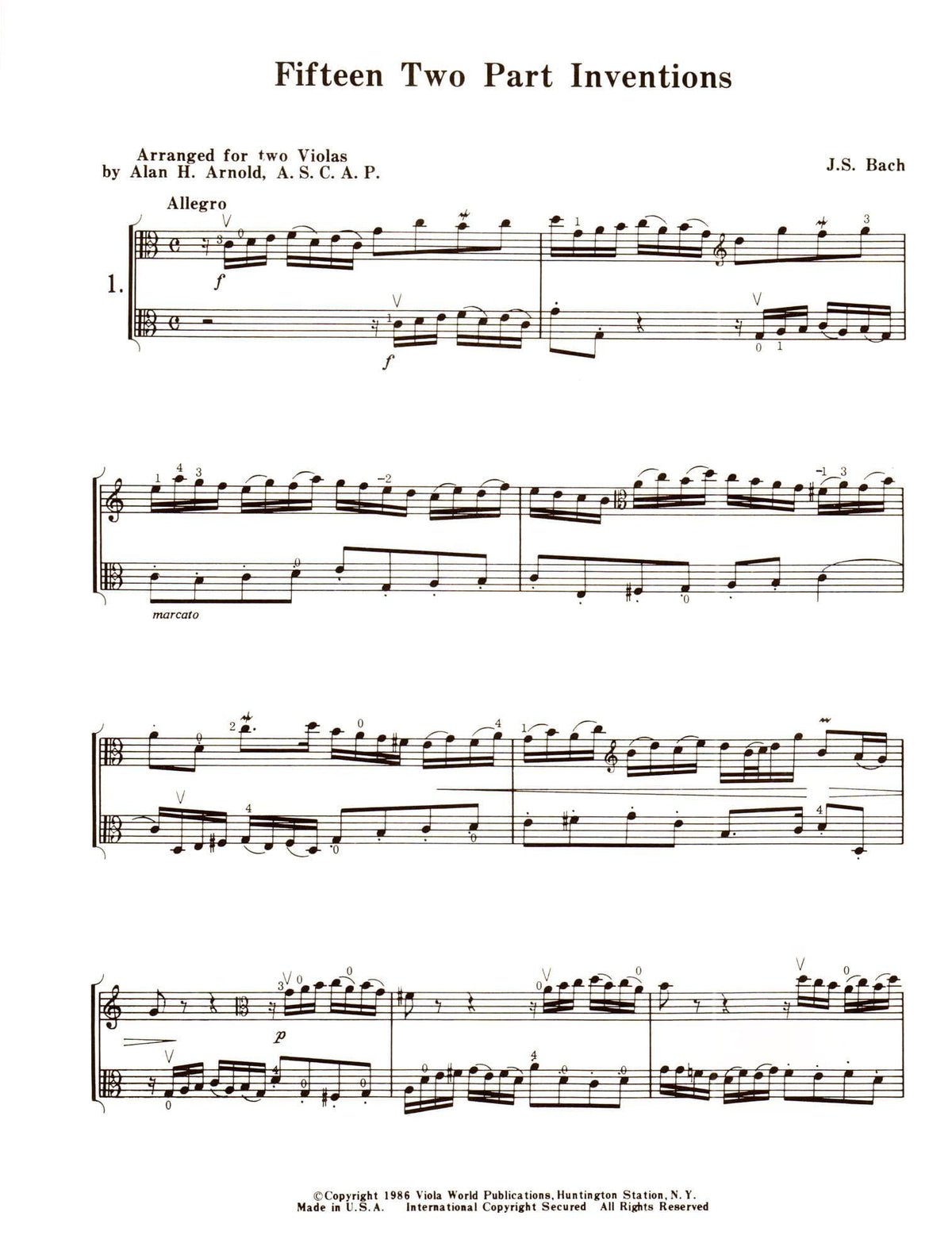 Bach, JS - 15 Two-Part Inventions BWV 772 786 for Two Violas - Viola World Publication