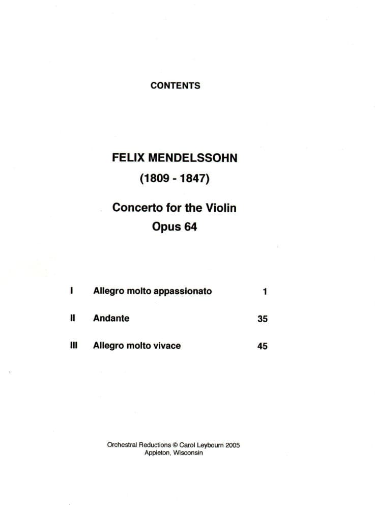 Mendelssohn, Felix - Violin Concerto in e minor, Op 64 - PIANO ACCOMPANIMENT ONLY - arranged by Carol Leybourn - Frustrated Accompanist Edition