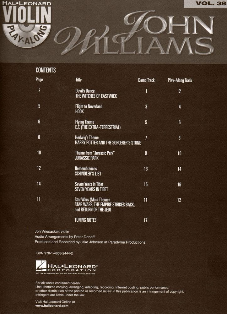 Violin Play-Along, Vol 38: John Williams - Book/CD - Hal Leonard