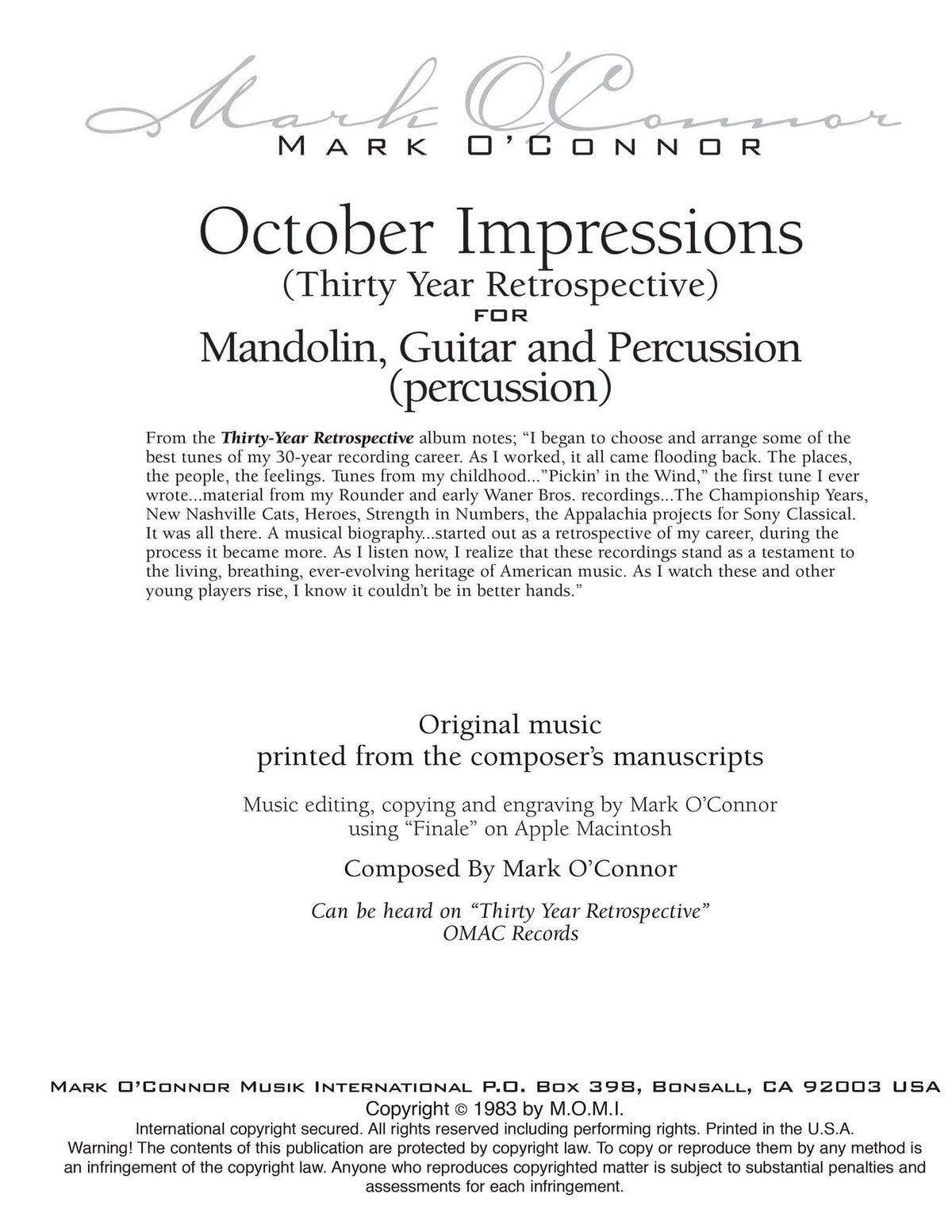 O'Connor, Mark - October Impressions for Mandolin, Guitar, and Percussion - Percussion - Digital Download