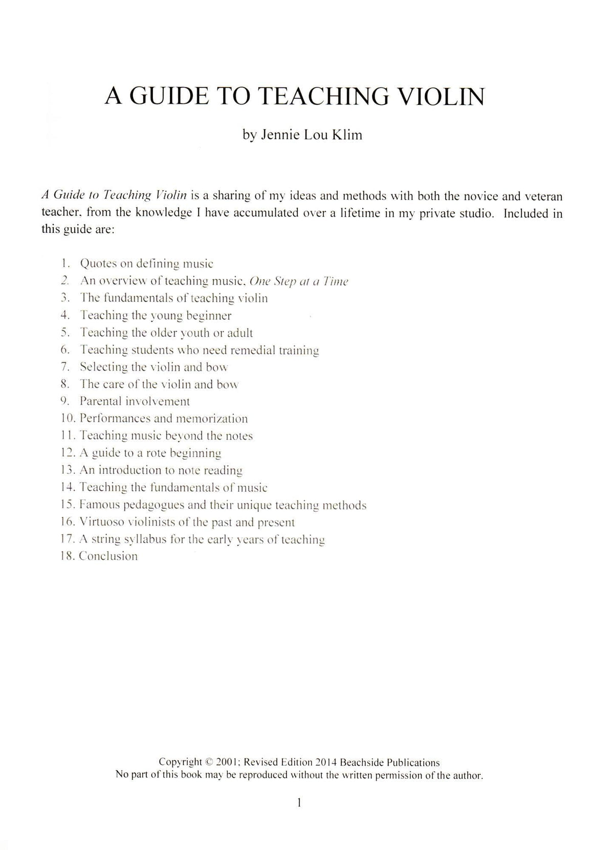 Jennie Lou Klim - A Guide to Teaching Violin - Beachside Publications