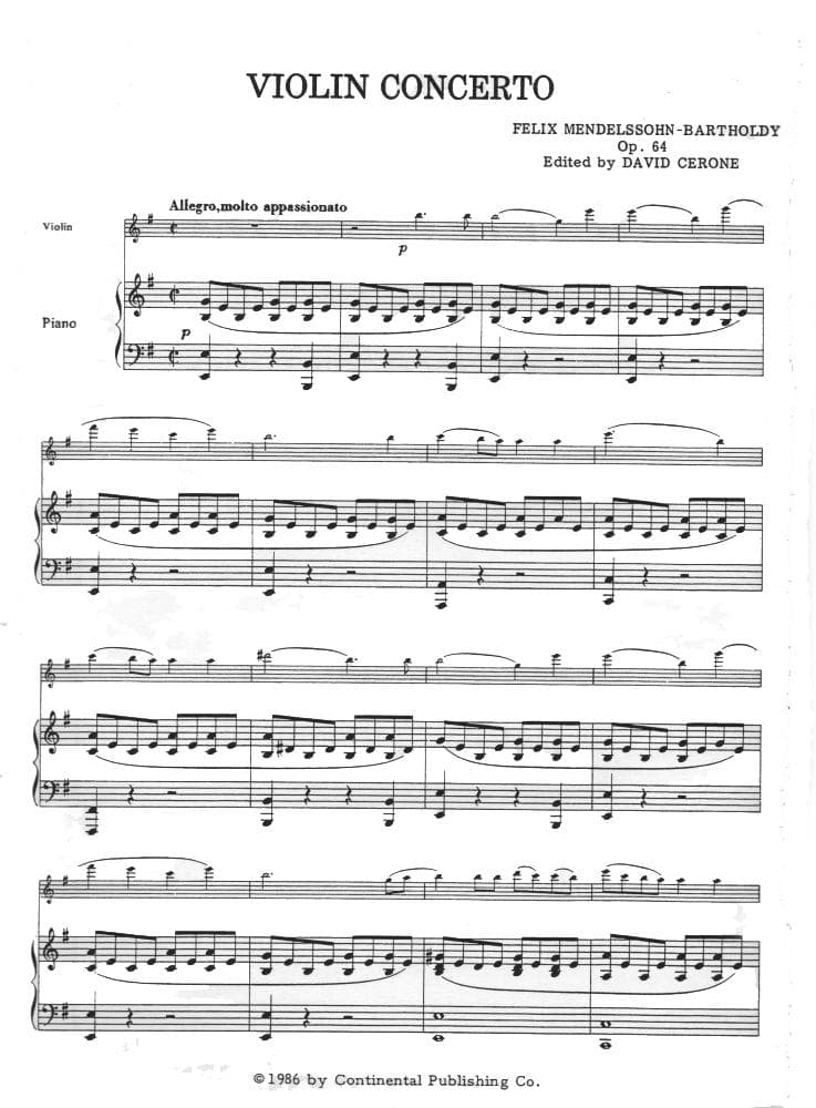 Mendelssohn, Felix - Concerto in E Minor, Op 64 - Violin and Piano - edited by David Cerone - Continental Edition