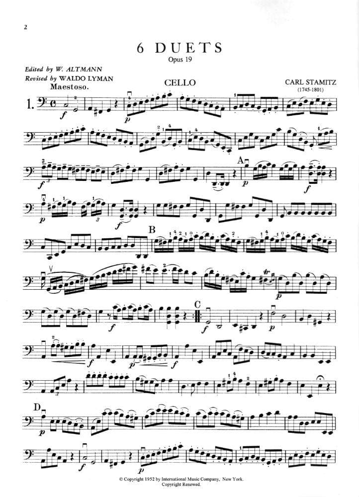 Stamitz - Six Duets Op 19 - for Violin and Cello Published by International Music Company