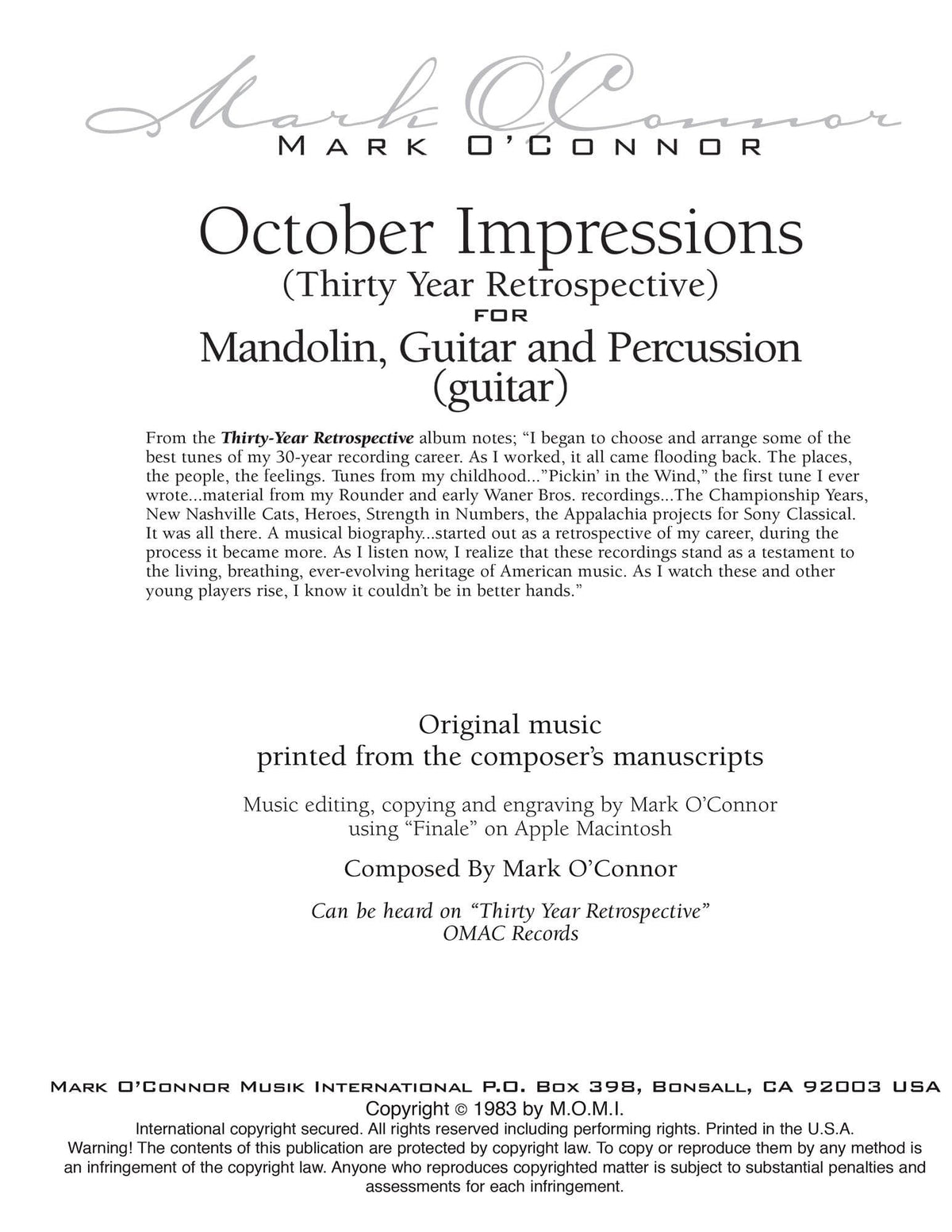O'Connor, Mark - October Impressions for Mandolin, Guitar, and Percussion - Guitar - Digital Download