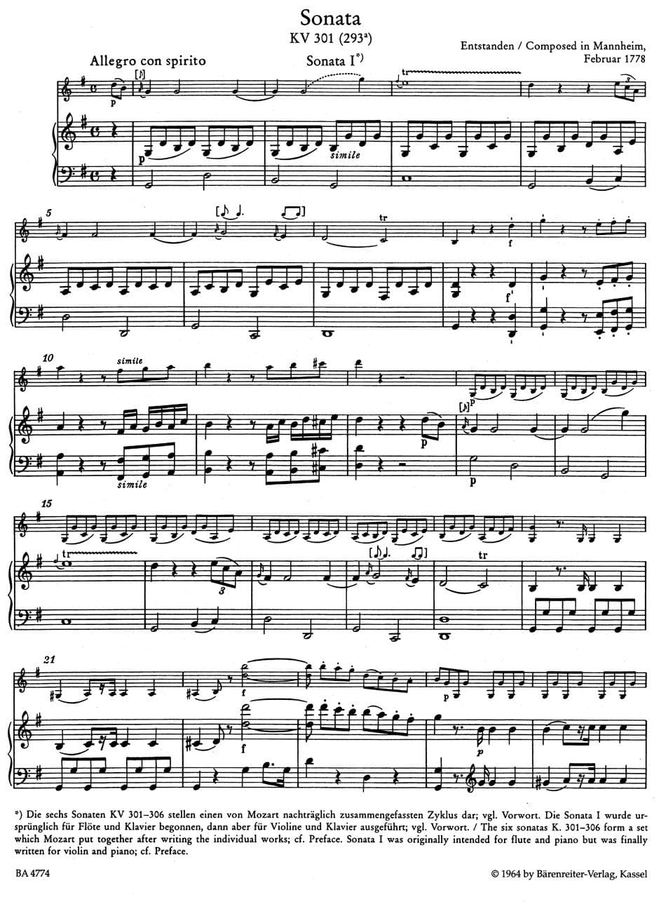 Mozart, WA - Violin Sonatas, K 301-306, K 296, K 378 - Violin and Piano - edited by Reeser - Barenreiter