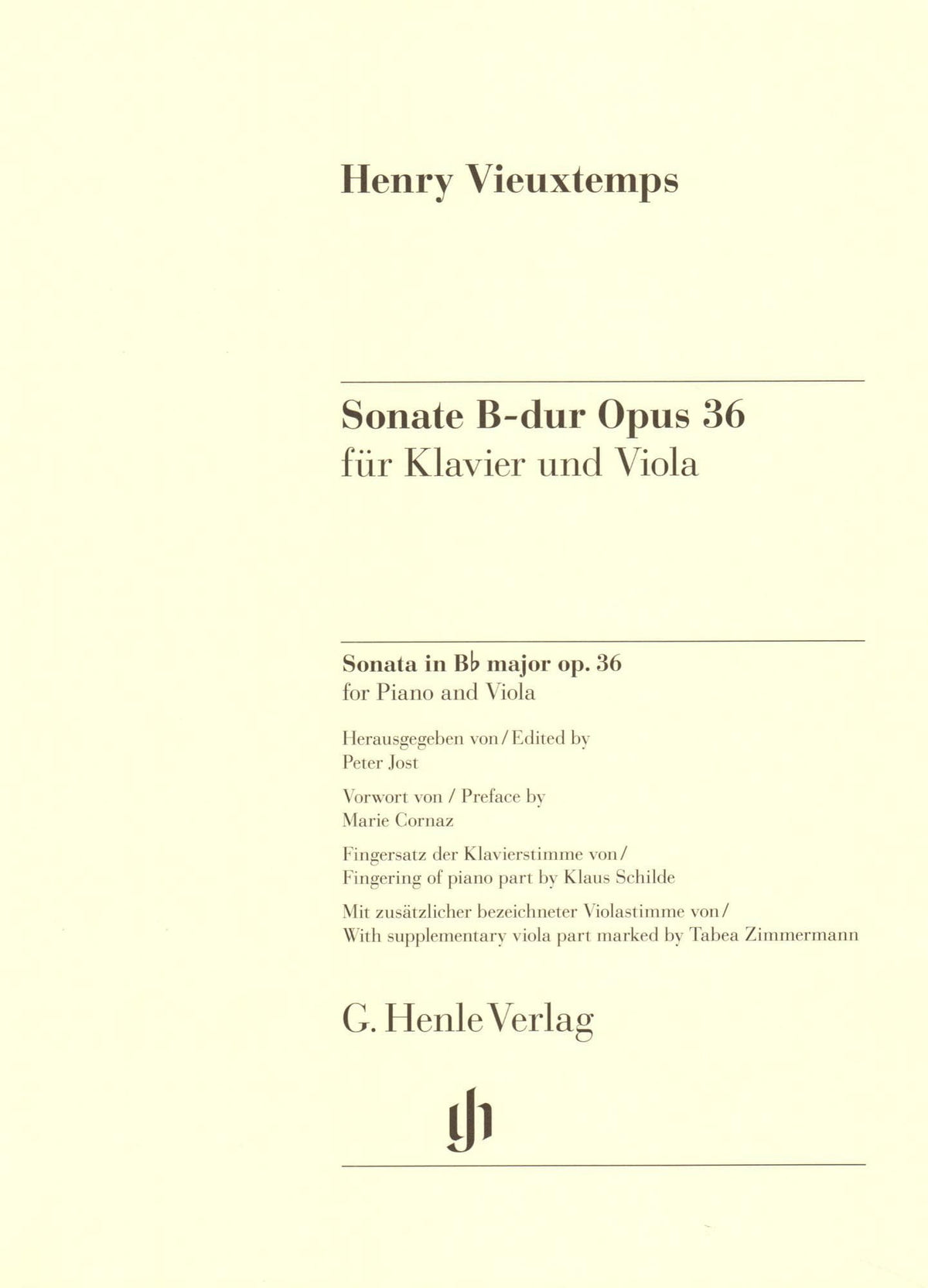 Vieuxtemps, Henri - Sonata in B-flat Major, Opus 36 - for Viola and Piano - edited by Peter Jost - G Henle Verlag URTEXT