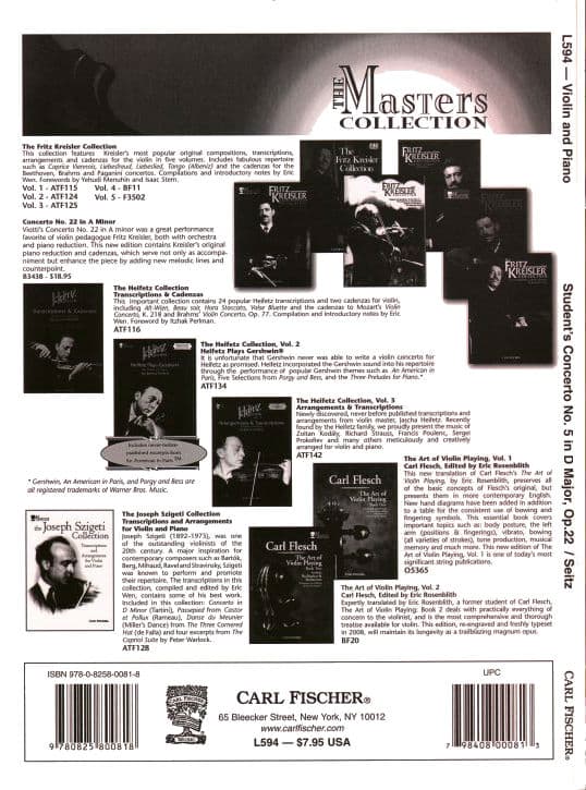 Seitz, Fritz (Friedrich) - Student's Concerto No 5 in D Major, Op 22 - Violin and Piano - Carl Fischer