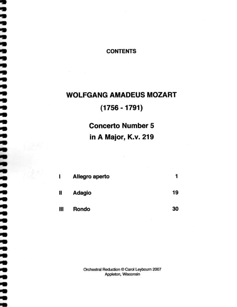Mozart, WA - Violin Concerto No 5 in A Major, K 219 - PIANO ACCOMPANIMENT ONLY - arranged by Carol Leybourn - Frustrated Accompanist Edition