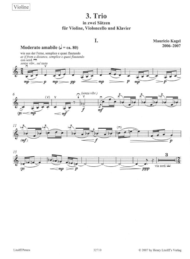 Kagel, Maurice - 3 Trio in Two Movements, for Piano Trio (Violin, Cello and Piano) Published by Edition Peters