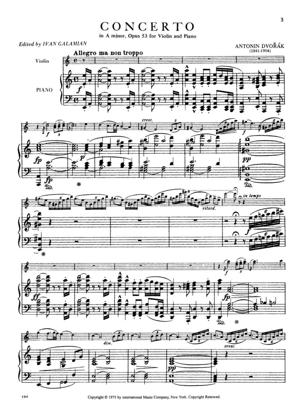 Dvorák, Antonín - Concerto in a minor, Op 53 - Violin and Piano - edited by Ivan Galamian - International Music Co