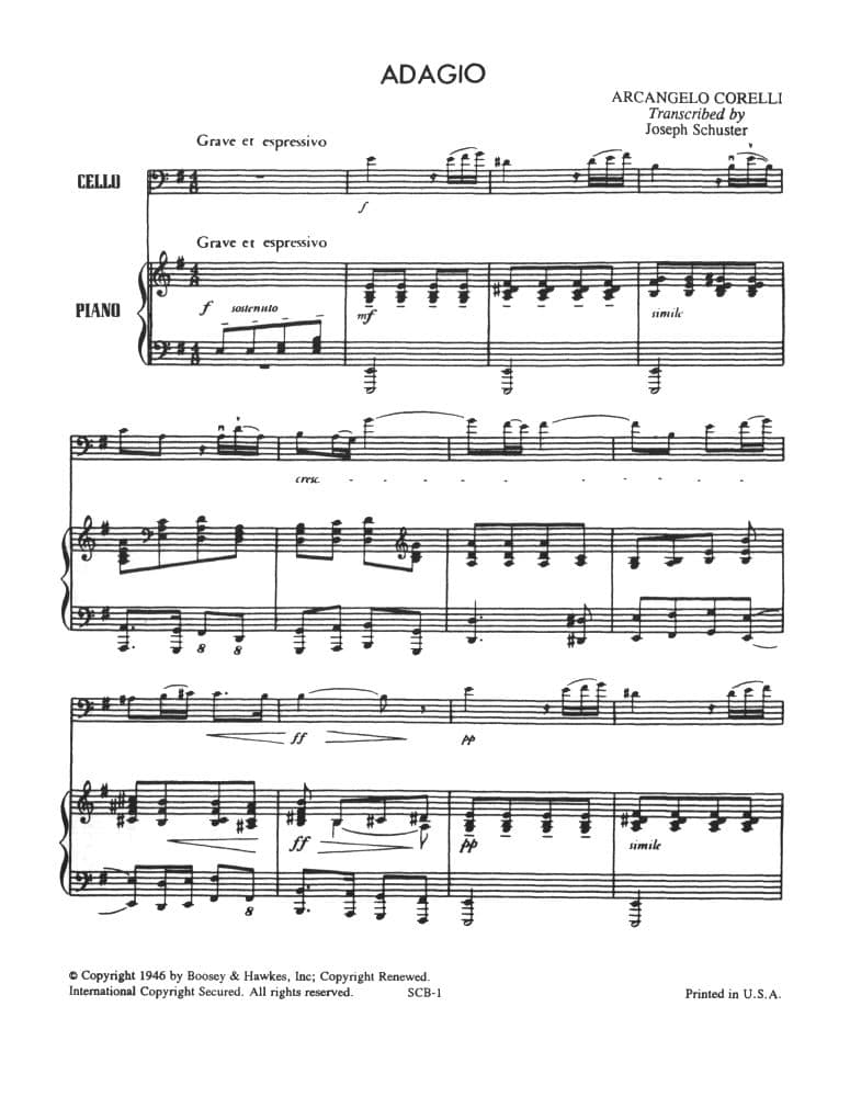 Adagio for Cello and Piano - Corelli, Arcangelo - arranged by Joseph Schuster - Boosey and Hawkes