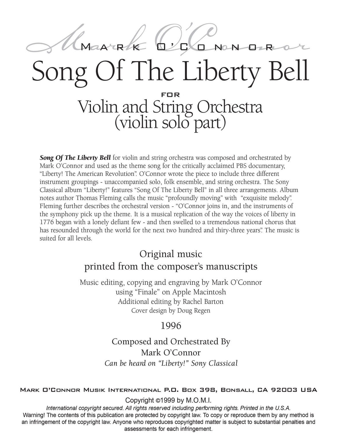 O'Connor, Mark - Song Of The Liberty Bell for Violin and String Orchestra - Solo Violin - Digital Download
