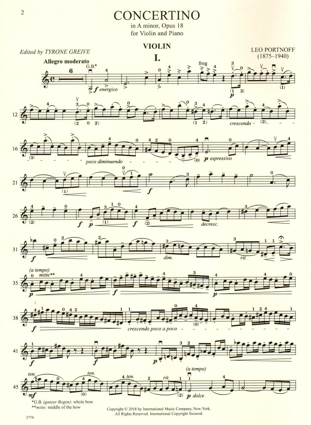 Portnoff, Leo - Concertino in A minor, Op. 18 - for Violin and Piano - edited by Greive - International